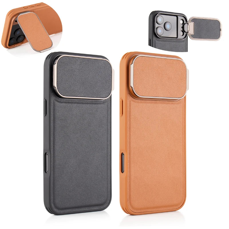 Metal Flip Bracket Protection Camera Lens Shockproof Leather Phone Case For iPhone 17 Pro Max 15 16 Pro Max Bumper Back Cover