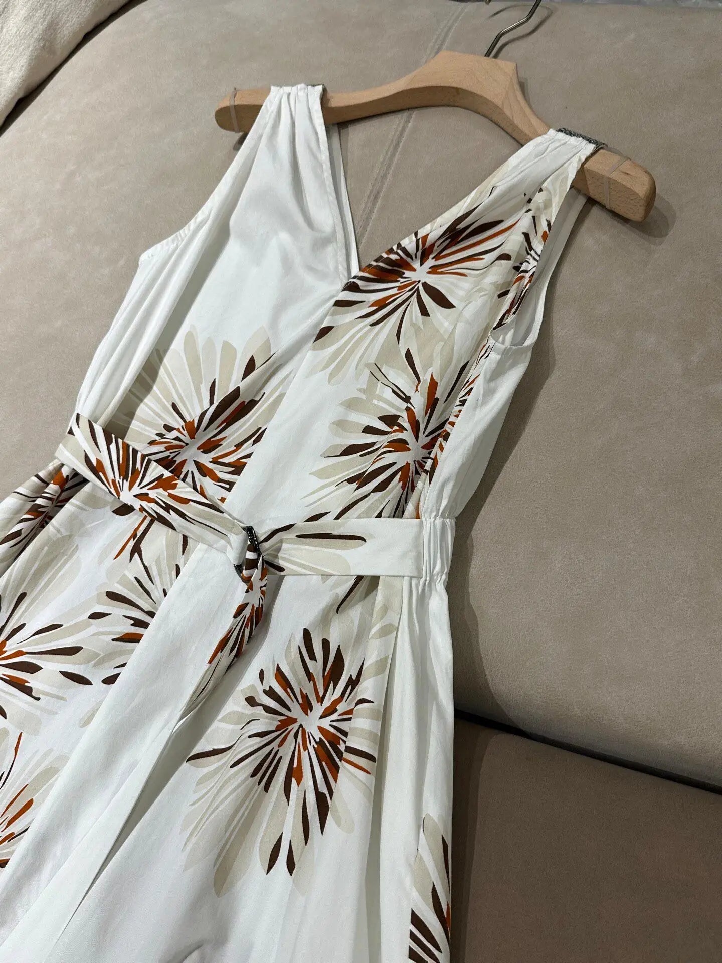 V-Neck Cinched Waist Dual Color Printed Sleeveless 100% Cotton Romantic Dress