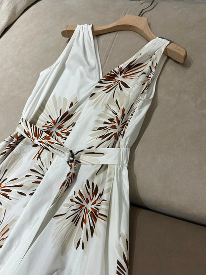 V-Neck Cinched Waist Dual Color Printed Sleeveless 100% Cotton Romantic Dress
