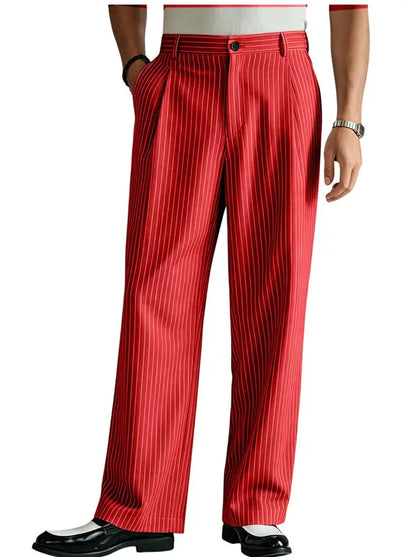 Vintage Men Pants Thin Slacks Business Striped Trousers High Waist Pleated Wide Leg Loose Straight Casual Office Wedding
