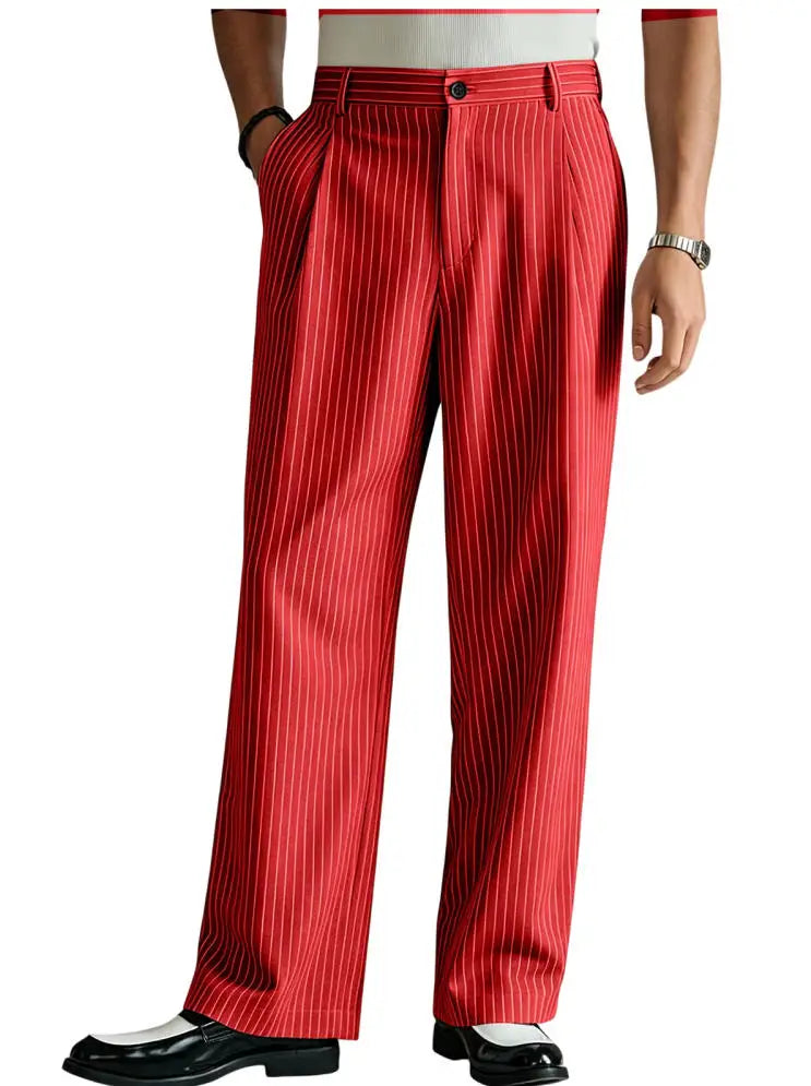 Vintage Men Pants Thin Slacks Business Striped Trousers High Waist Pleated Wide Leg Loose Straight Casual Office Wedding