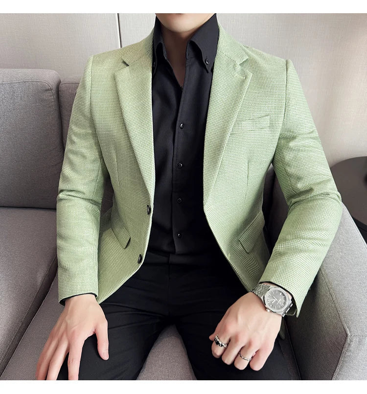 Bright Silk Thousand Bird Grid Suit Jacket Korean-style Business Fashion Slim Fit Single Breasted Men Social Party Dress Coats