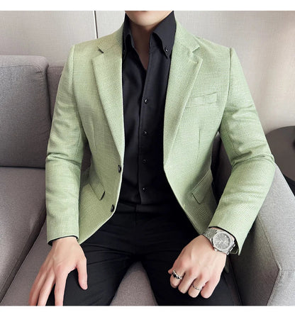 Bright Silk Thousand Bird Grid Suit Jacket Korean-style Business Fashion Slim Fit Single Breasted Men Social Party Dress Coats