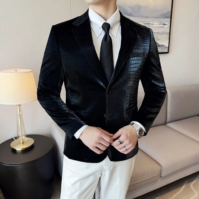New High Quality Crocodile Stripe Slim Fit Leather Jacket Classic Business Casual Slim Fit Men Blazer Tuxedos Men Clothing 4XL-M
