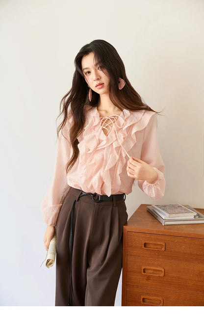 Pink Ruffled Blouse for Woman 2025 Autumn New Elegant Sweet V-neck Lace-up Design Shirt Lantern Sleeves Top MXE49X2504