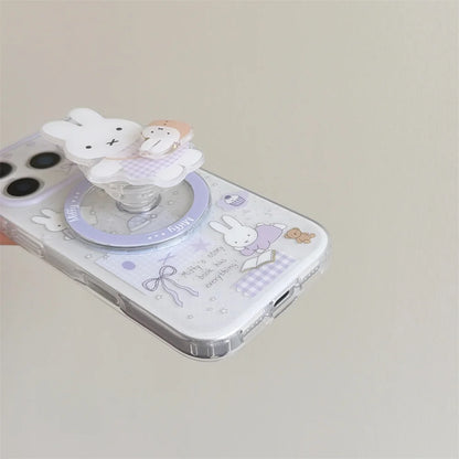 Korean INS Star Bow Rabbit With Magsafe Stand Phone Case for iPhone 17 Pro 13 14 15 16 Pro Max Cover Rotate Holder Cute Cases