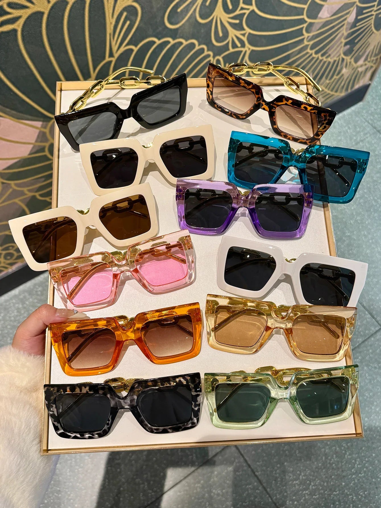 12Pcs Extra Large Square Frame Glasses Metal Hinge Popular Fashionable Multi-Color Classic Color Combination Glasses Set