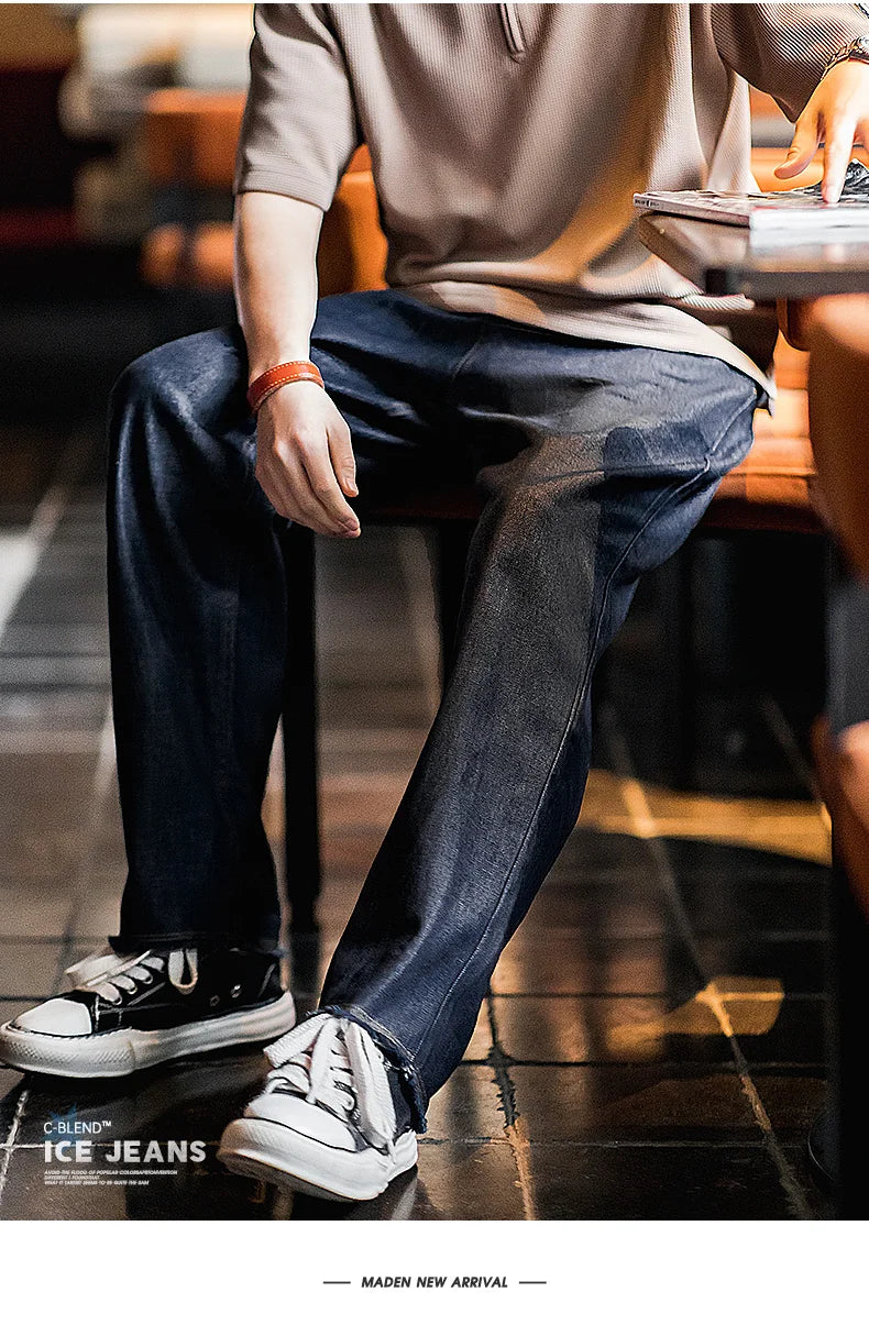 Autumn Casual Jeans for Men Washed Double Pleated Baggy Straight Denim Trousers Mid-rise Zipper Wear-resistant Jeans