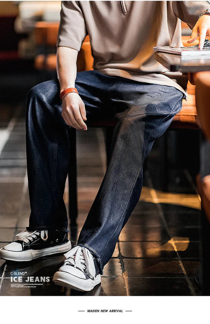 Autumn Casual Jeans for Men Washed Double Pleated Baggy Straight Denim Trousers Mid-rise Zipper Wear-resistant Jeans