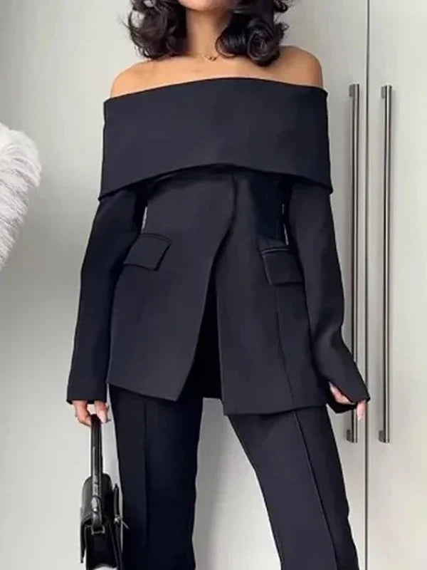 Yeezzi 2025 New Office Lady Commute Off-The-Shoulder Blazer Women Long Sleeves Solid Color Split-Front Zipper Formal Outerwears