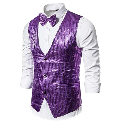 New Gold Sequin Vest Men's Single-breasted V-neck Sleeveless Vests Coat Wedding Party Waistcoat Silver Blue Purple Red Tops
