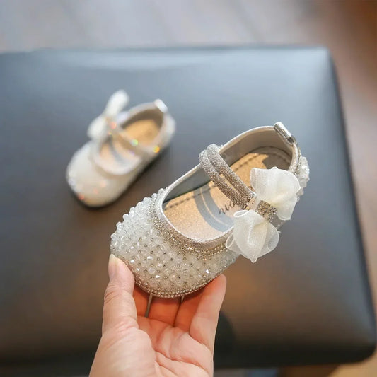 Girls Princess Shoes Lace Mesh Bows Kids Walking Shoes Non-slip Shiny Sequins 2025 New Children Flat Shoes Soft Sole Non-slip