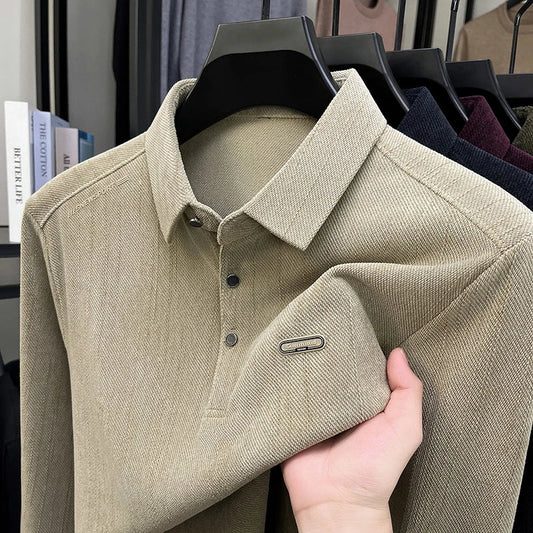 Original Brand Men's Polo Shirt Lapel Long Sleeve T-Shirt Autumn Winter New Solid Color Print Vintage Business Office Men'swear
