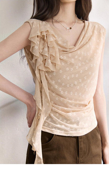 French Floral Lace Swing Neck Shirt For Women 2026 Summer New Pleated 3D Floral Ribbon Hazy Elegant Slim Top MXF24X2617