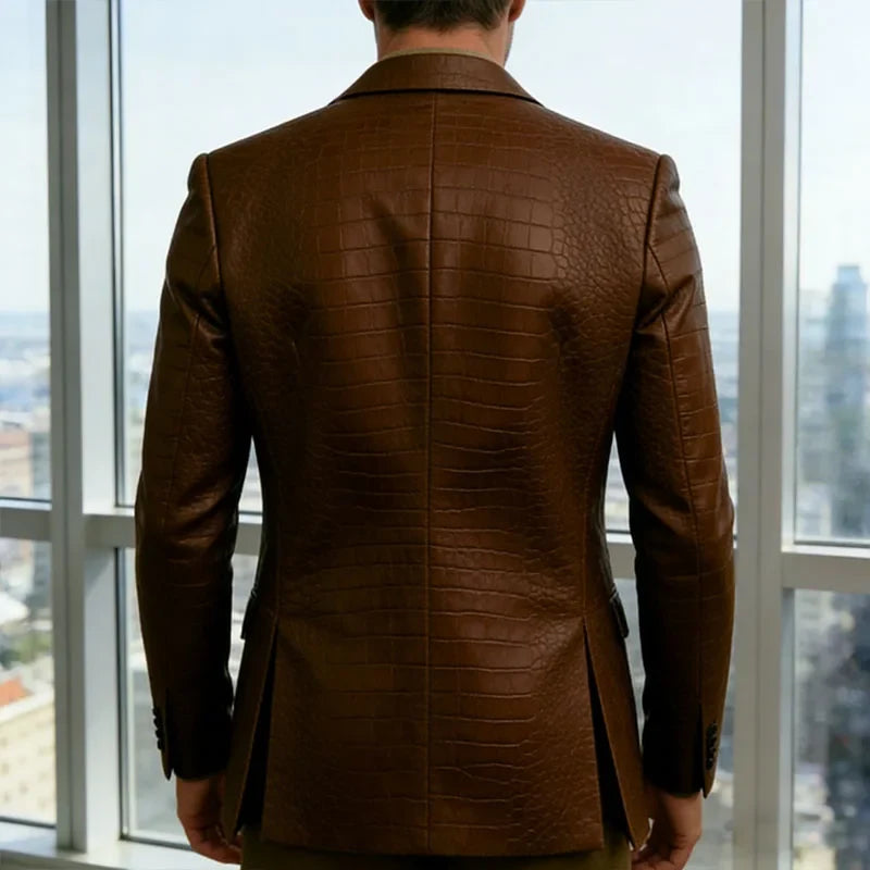 Vintage Men's Crocodile Embossed Leather Blazer Notch Lapel 1 Button Jacket Business Casual Formal Luxury Coat With Flap Pockets