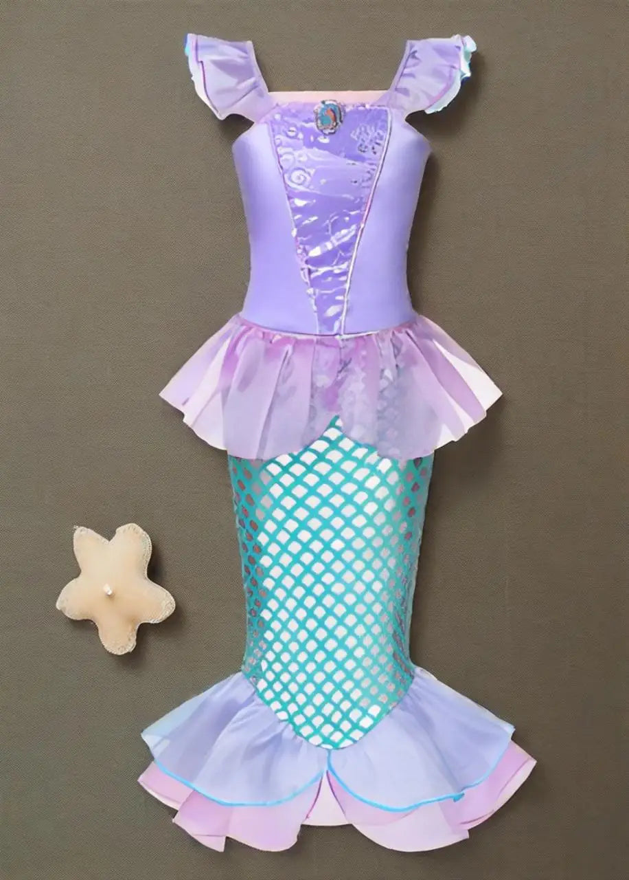 2025 Girls Mermaid Dress Princess Cosplay Party Costumes Summer Purple Elegant Flying Sleeve Fancy Dresses For 2-10Y Kids