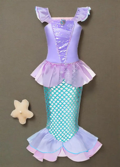 2025 Girls Mermaid Dress Princess Cosplay Party Costumes Summer Purple Elegant Flying Sleeve Fancy Dresses For 2-10Y Kids