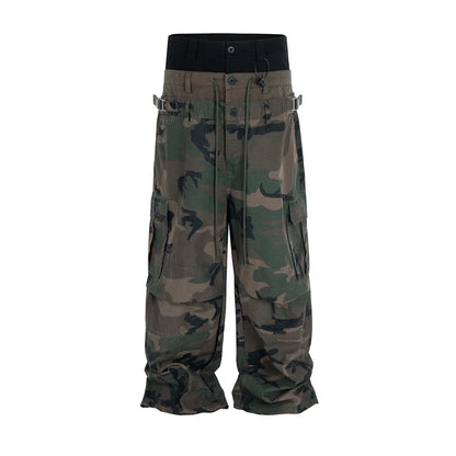 Three Waisted Camouflage Cargo Pants for Men Streetwear Patchwork Baggy Jeans Wide Leg Casual Loose Denim Trousers Oversized