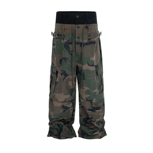 Three Waisted Camouflage Cargo Pants for Men Streetwear Patchwork Baggy Jeans Wide Leg Casual Loose Denim Trousers Oversized