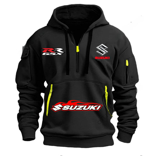 Suzuki brand men's street sports motorcycle hoodie with printed design autumn and winter semi-zipper multi-pocket sweatshirt
