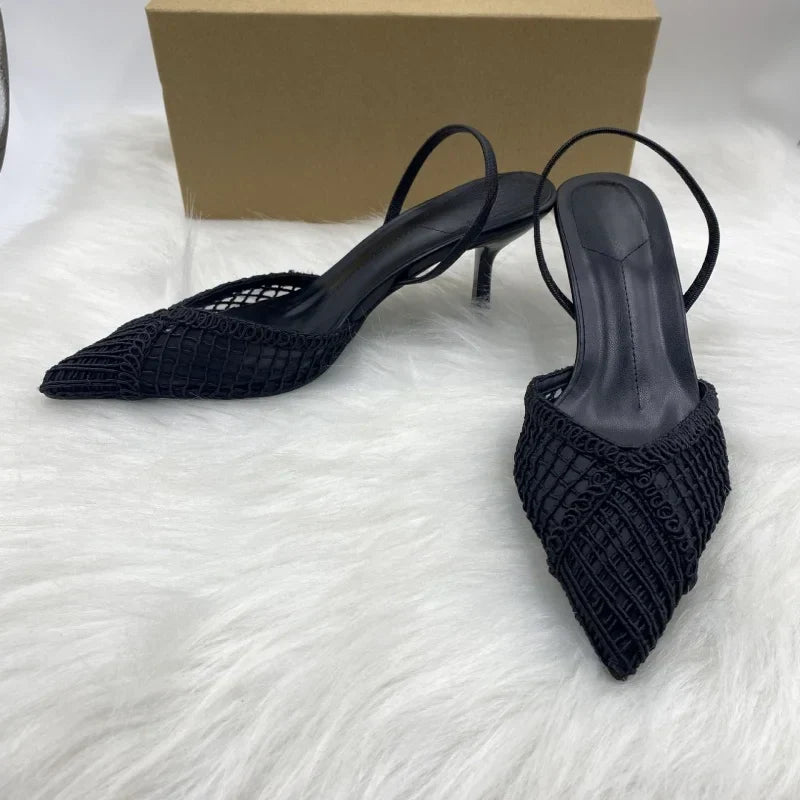 Mesh Woven Heeled Sandals Women Sexy Pointed Toe Back Strap Thin High Heels Comfortable Elegant Designer Shoes for Women Pumps