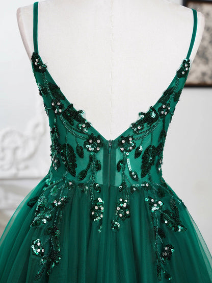 Sling Evening Dresses Sexy Spaghetti Straps V-Neck Illusion Sequins Appliques Prom Dress A-Line Train High Split Gowns