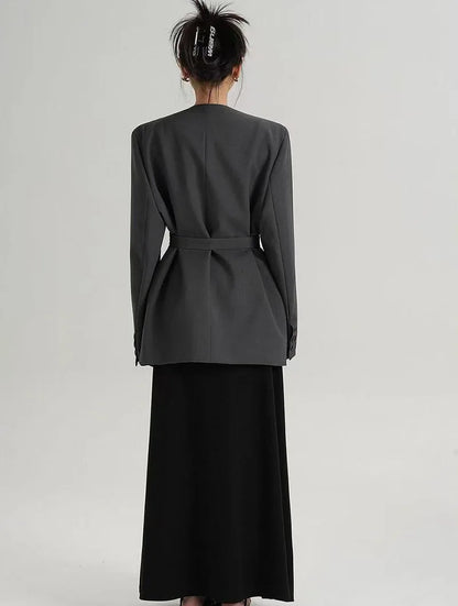 Fashion Collarless Blazers Jacket Ladies Korean Streetwear Design Belt Temperament Blazer Woman Chic Long Sleeve Loose Suit Coat