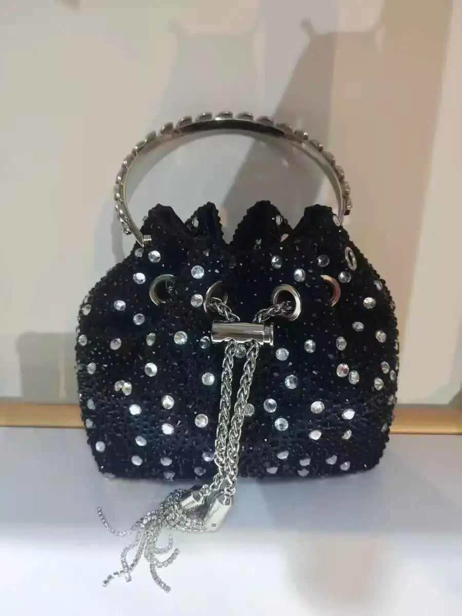Rhinestones Diamond Evening Clutch Bag Luxury Designer Metal Ring Women's Handbag Wedding Party Bling Bucket Purse Shoulder Bag