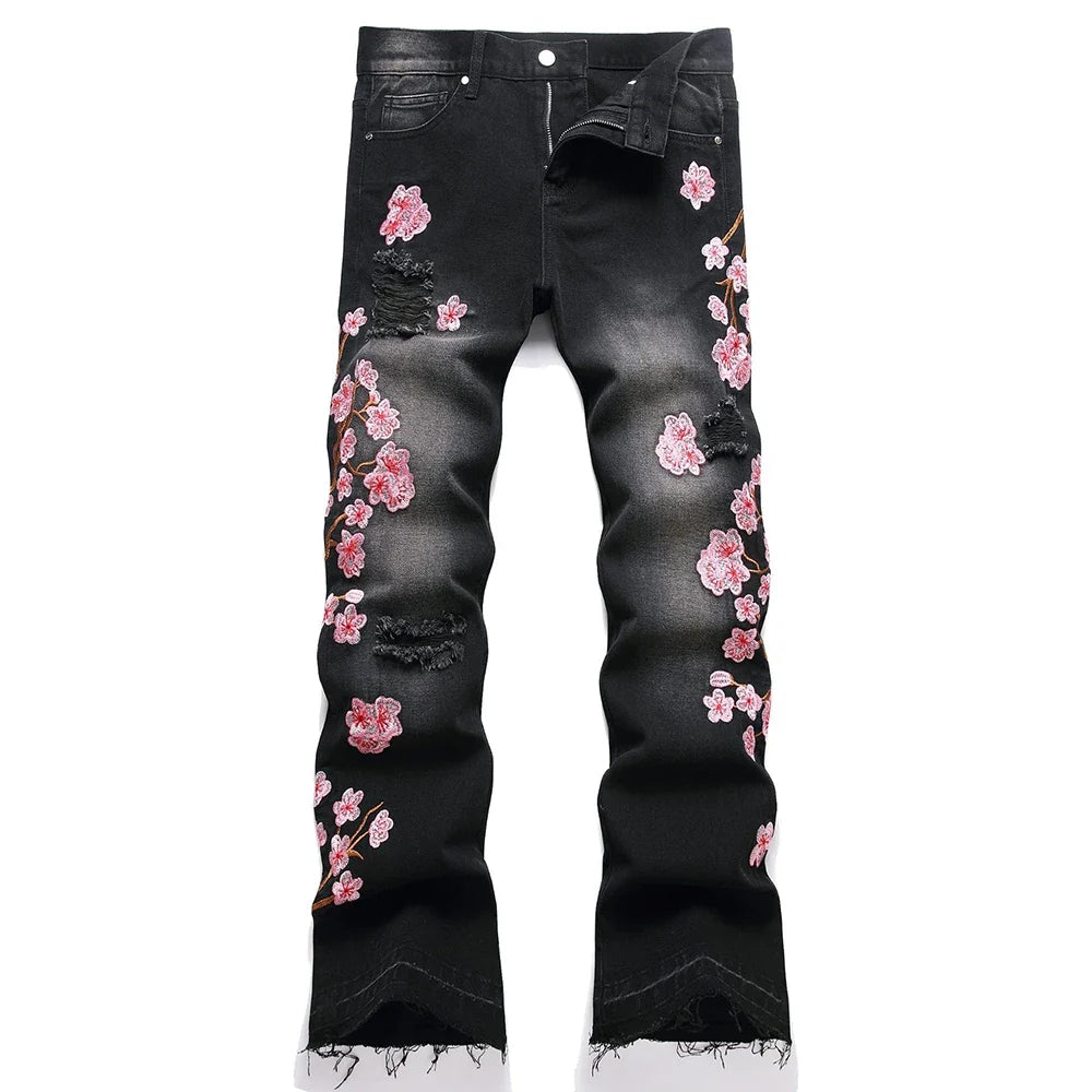 Men Sakura Embroidery Denim Jeans Streetwear Boot Cut Pants Released Hem Flared Trousers with Ripped And Cherry Blossom Design