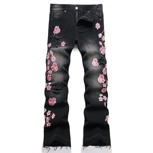 Men Sakura Embroidery Denim Jeans Streetwear Boot Cut Pants Released Hem Flared Trousers with Ripped And Cherry Blossom Design