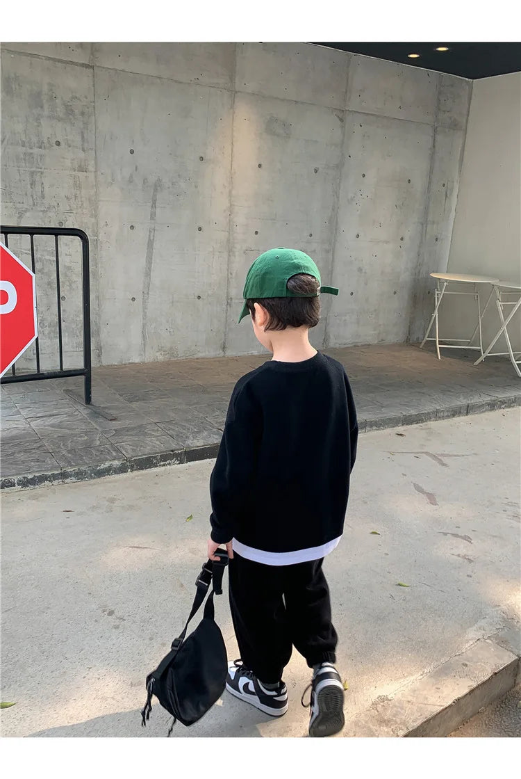 Spring Autumn Baby Boys Plain Patchwork Sweatshirt+Sweatpant School Kids 2PCS Tracksuit Child Jogger Outfit Workout Set 1-12Yr
