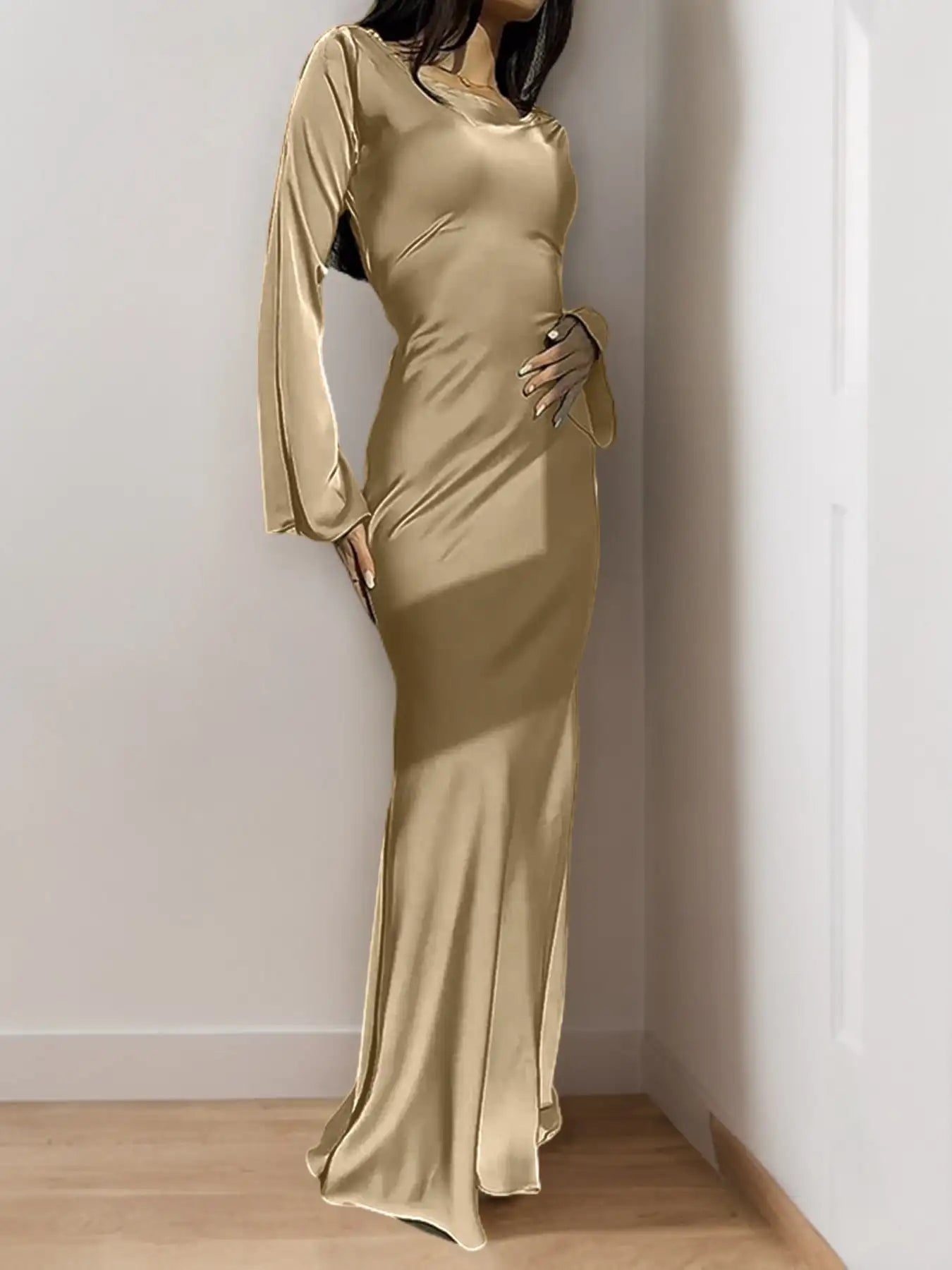Women's Bespoke Satin Maxi Dress with Corset Waist Tie Classic Round Neck & Dramatic Flared Sleeves Luxury Evening Dress