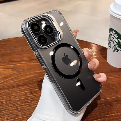 Luxury Lens Holder Shockproof Magnetic Case For iPhone 16 15 14 Plus 13 12 17 Pro Max 17Air 16e Magsafe Fashion Clear Cover