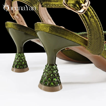 New Italian Pumps and Bag To Party 2026 INS Style Pointed Metalldekoration Rhinestone Elegant Olive Color High Heels  for Women