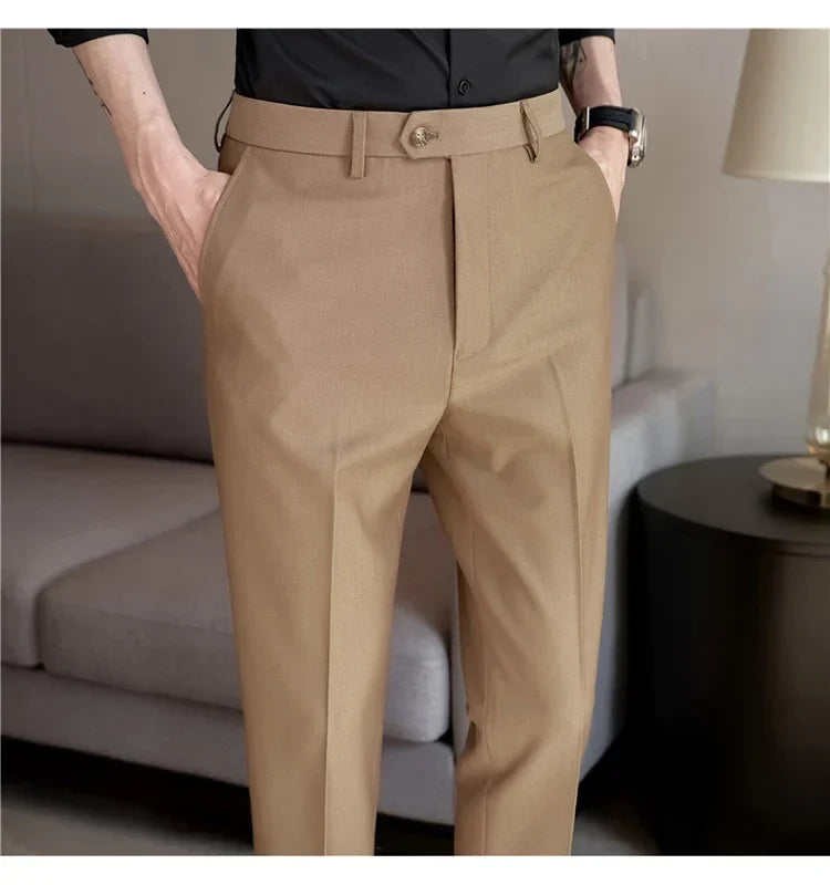 2024 New Men's Slim Fit Tapered Dress Pants Apricot Pearlescent Texture Business Casual Suit Trousers Spring Clothes