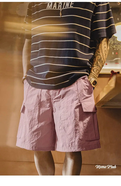 Outdoor Quick-Dry Pink Cargo Shorts Men's Summer Lightweight Woven Elastic Waist Shorts Loose Straight Bottoms for Sports