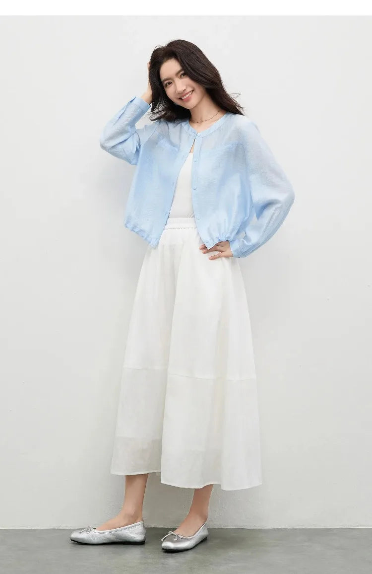 Women's Oversized Lyocell Shirt 2026 Spring Summer Round Neck Long Sleeve Drawstring Sheer Casual Top 161WB5014