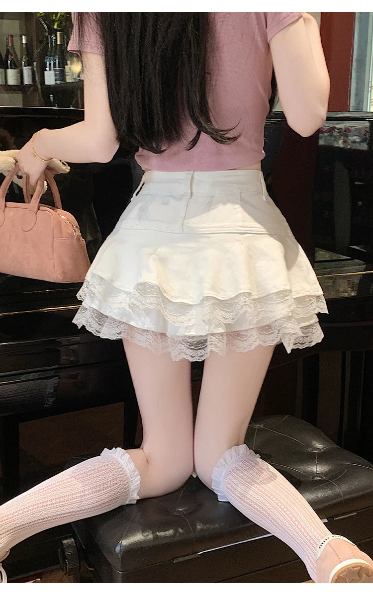 2025 Summer Mini Y2K Denim Skirt Women Fashion Streetwear Ruffles Kawaii Lace Skirts Shorts Preppy School Pleated Jeans Skirt
