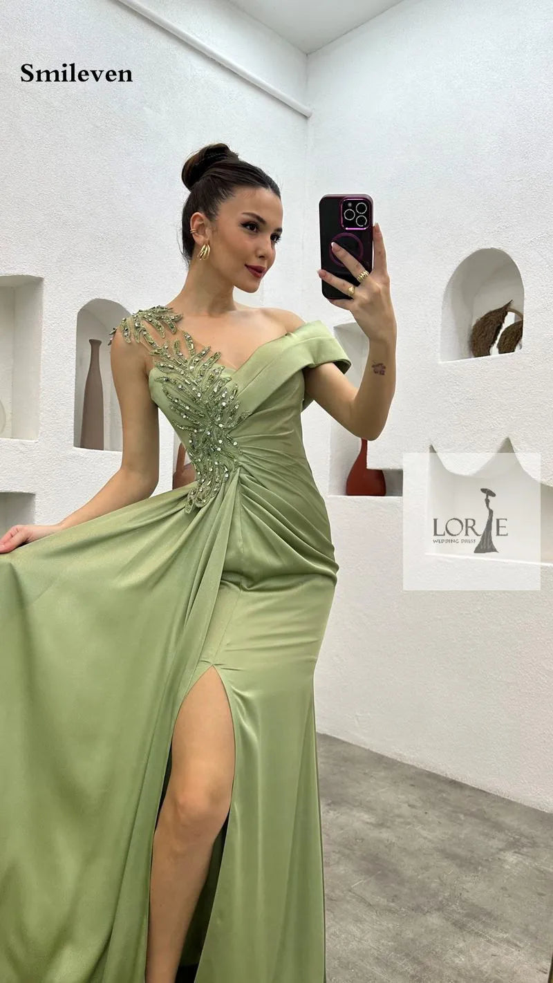 Satin Mermaid Evening Dresses Beading Lace  Saudi Arabic Prom Gowns Floor Length Formal Occasion Dress 2024 Customized