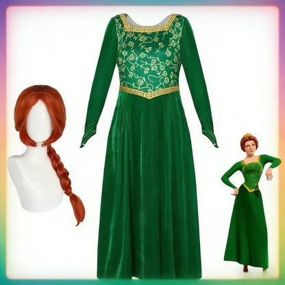 Cosplay Shrek Costume Anime Fiona Princess Dress Wig Woman Long Sleeves Green Dress Halloween Cosplay Halloween Carnival Clothe