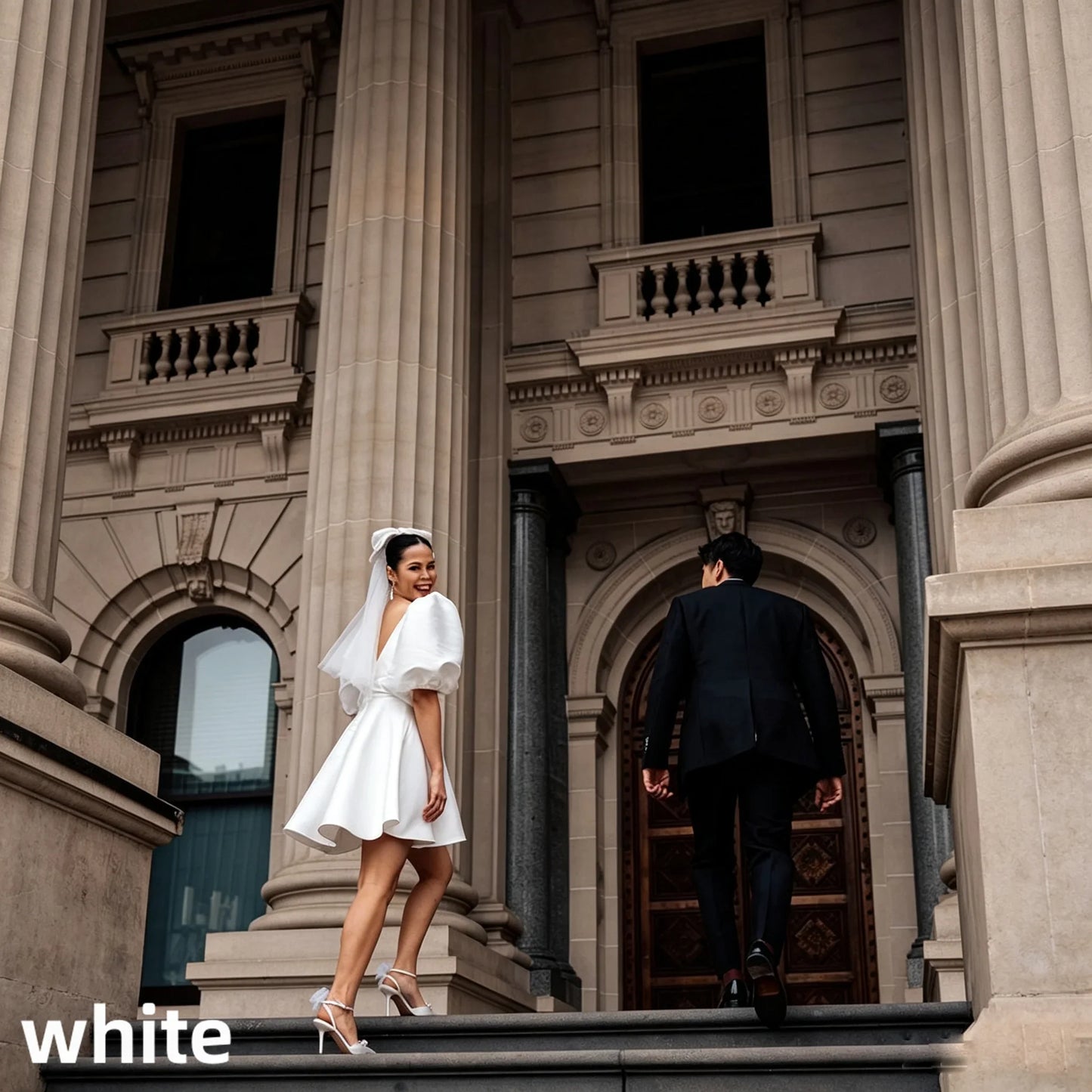 Puff Sleeve Deep V Satin Mini Wedding Dress A Line Bridal Gown Bow Veil Civil Elopement Bride Reception Custom Fit Ceremony Wear