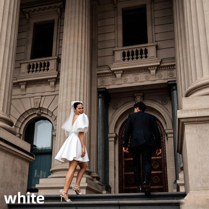 Puff Sleeve Deep V Satin Mini Wedding Dress A Line Bridal Gown Bow Veil Civil Elopement Bride Reception Custom Fit Ceremony Wear