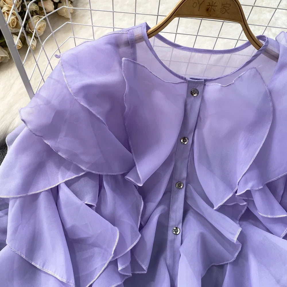 Autumn Blouse for Women Fashion O-neck Long Puff Sleeve Flounced Edge Shirts French Chic Versatile Female Tops Dropshipping