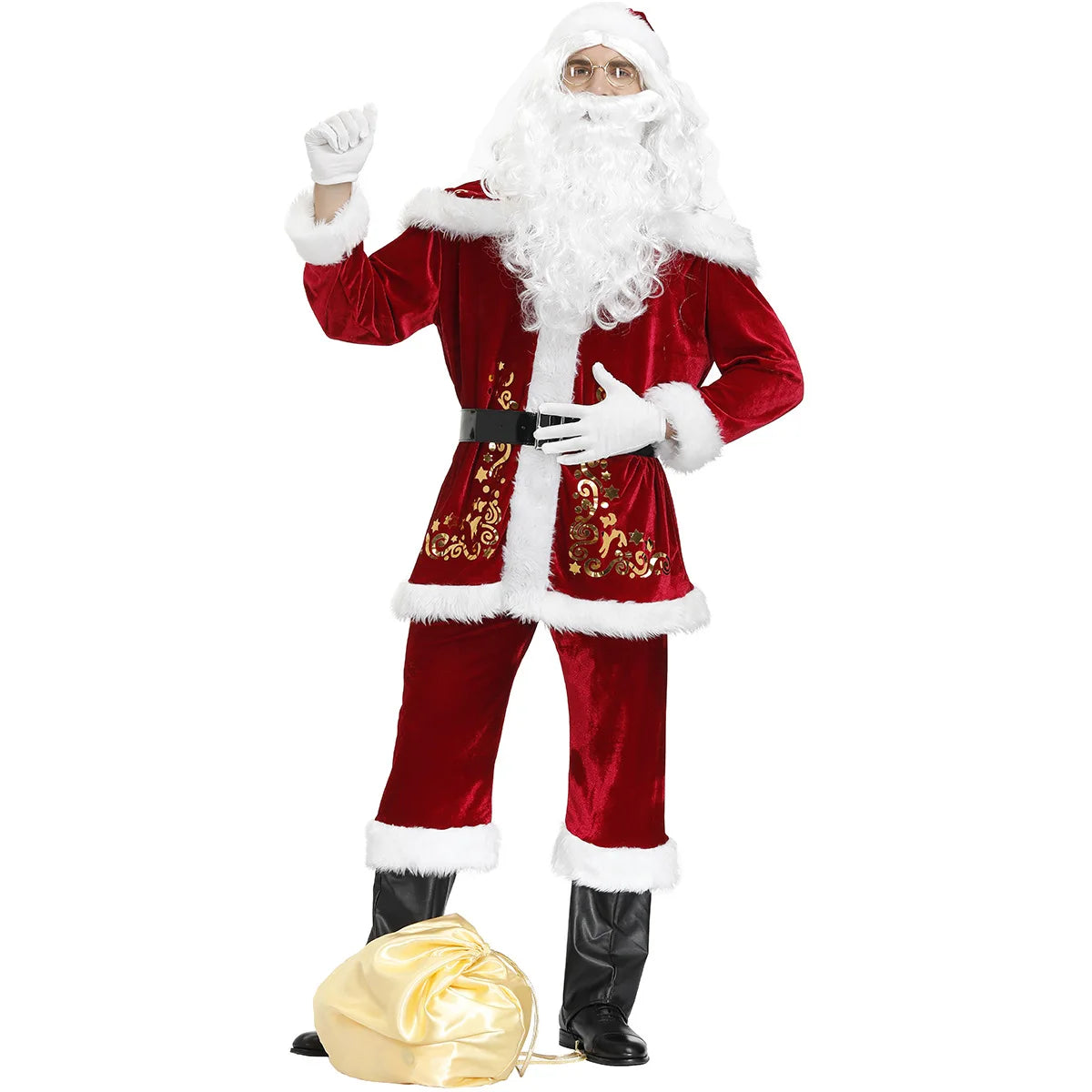 2024 New Man Santa Claus Suit Adult Christmas Cosplay Costume Red Deluxe Velvet Fancy 8pcs Set Xmas Party Family Costume Outfits
