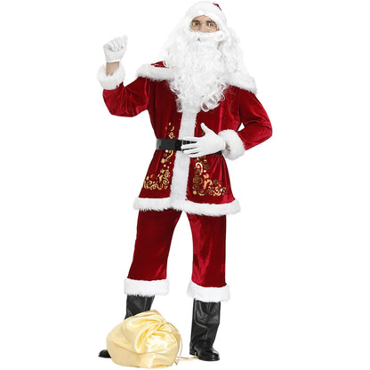2024 New Man Santa Claus Suit Adult Christmas Cosplay Costume Red Deluxe Velvet Fancy 8pcs Set Xmas Party Family Costume Outfits