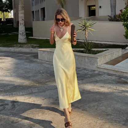 Yellow Satin Sling Dress Women Elegant V Neck Sleeveless Backless High Waist Maxi Dresses 2025 Summer Lady Party Evening Robes