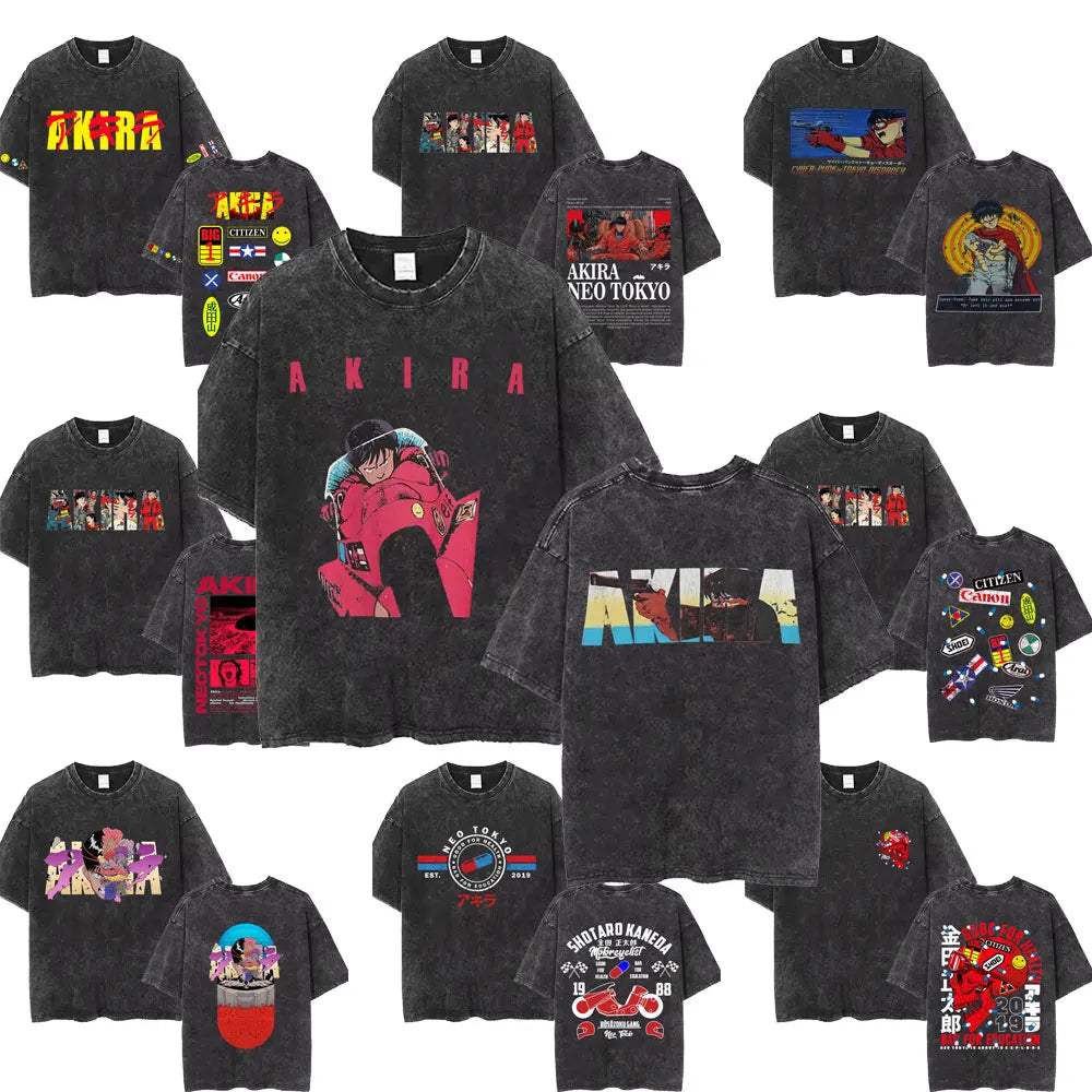 Washed Vintage Anime Akira T Shirts Japanese Science Fiction Cartoon Movie Shotaro Kaneda T-shirt Men's Manga Oversized T-shirts