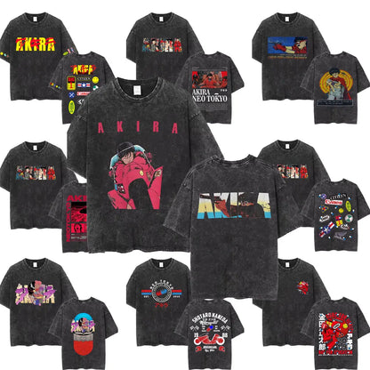 Washed Vintage Anime Akira T Shirts Japanese Science Fiction Cartoon Movie Shotaro Kaneda T-shirt Men's Manga Oversized T-shirts