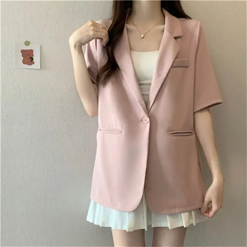 2026 Female Short Sleeved Suit Coat Women Summer Loose Fitting Solid Color Blazer Jacket Ladies Korean Leisure Tops Outerwear