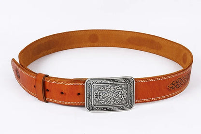3.8cm Chinese Pattern Cowboy Smooth Buckle Men's Belt Ceinture Homme Yellow Belt Male Wide Jeans Men Genuine Leather Belt